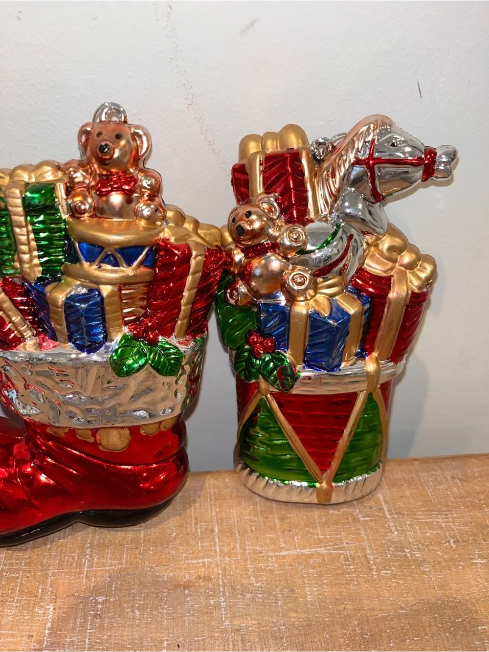 Holiday Glass Ornament Set - Red, Gold & Green Christmas Stocking and Drum 6.5”
